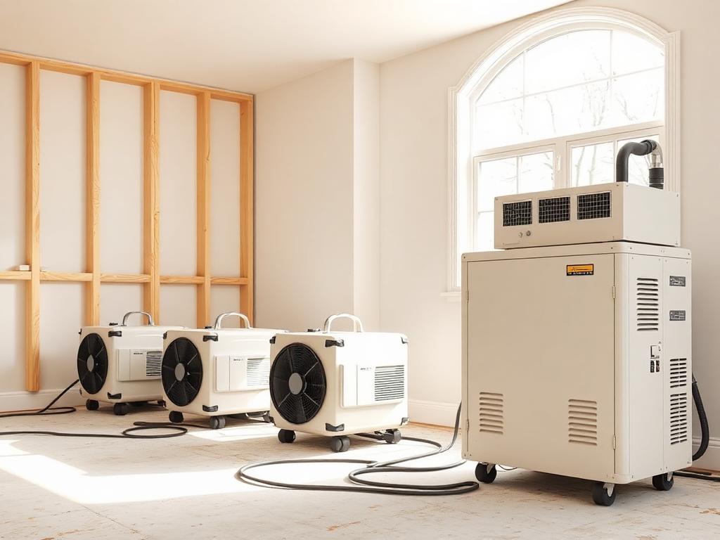 Commercial air movers and dehumidifier drying a residential room
