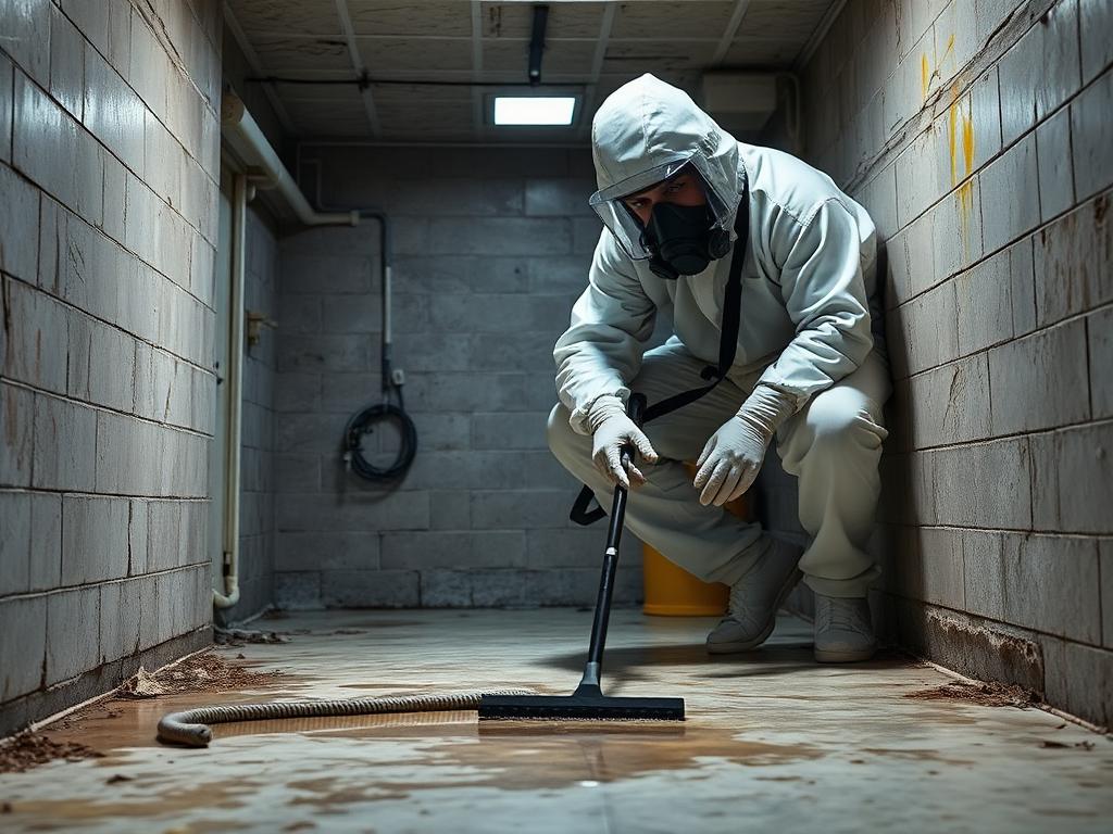 Technician in full PPE cleaning a contaminated floor